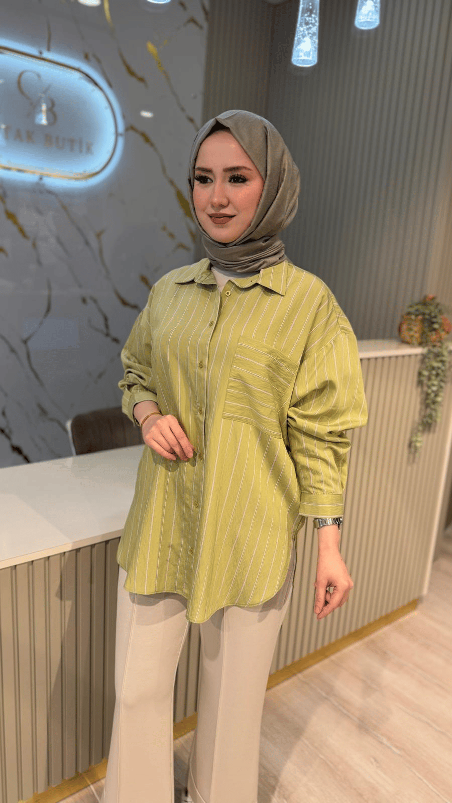 KB 26210 OVERSİZE ÇİZGİLİ GÖMLEK - OLİVE