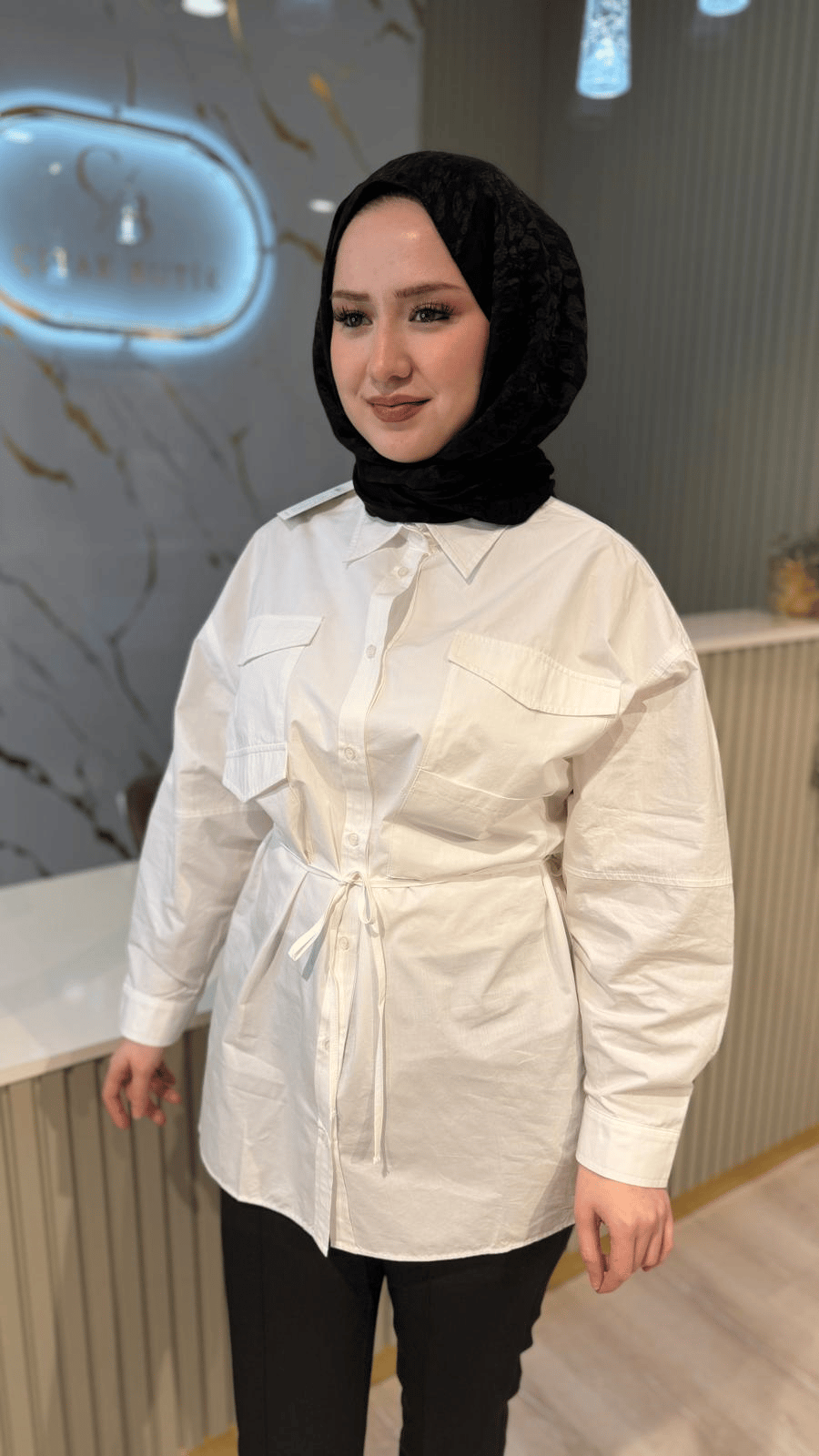 KB 26223 CEPLİ BİYE KEMERLİ OVERSİZE GÖMLEK-EKRU