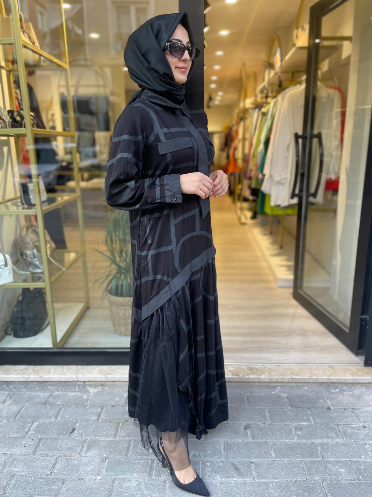 LİİSMORE 5902 GEOMETRİK DESEN ELBİSE-SİYAH