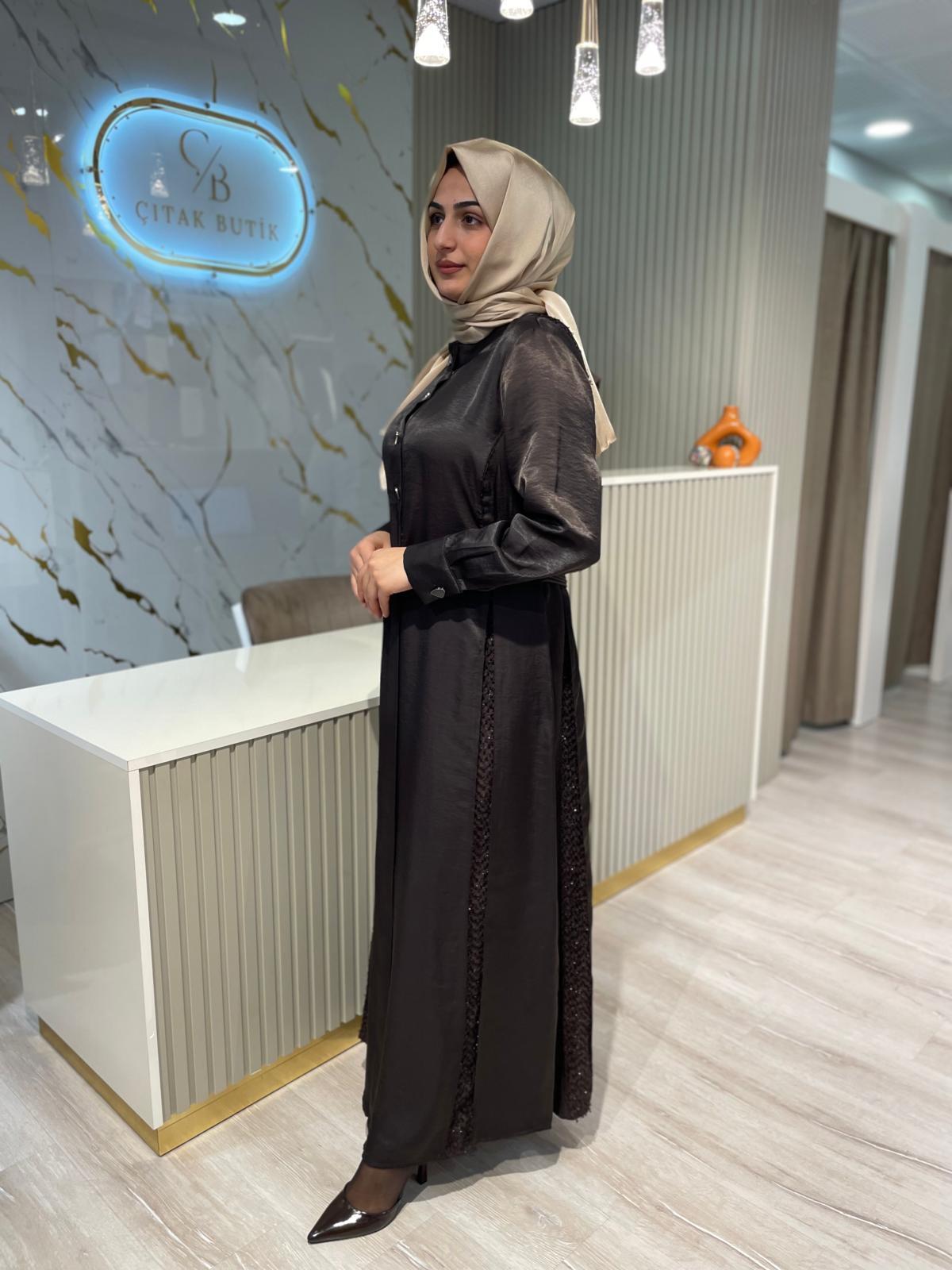 LİSSMORE 5966 HAFİF SİM DETAY  ELBİSE-KAHVERENGİ