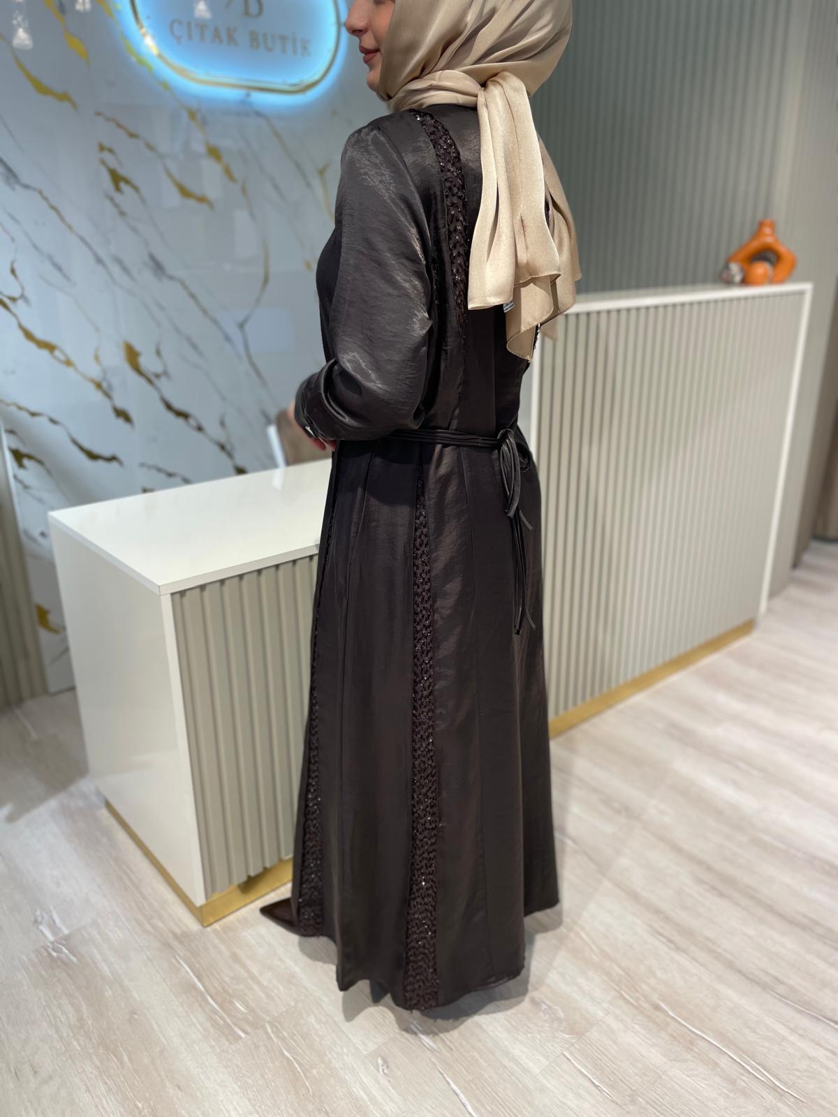 LİSSMORE 5966 HAFİF SİM DETAY  ELBİSE-KAHVERENGİ