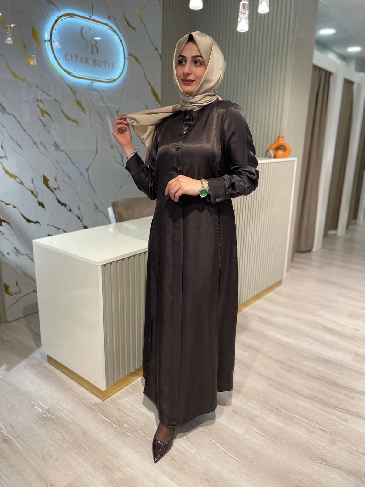 LİSSMORE 5966 HAFİF SİM DETAY  ELBİSE-KAHVERENGİ