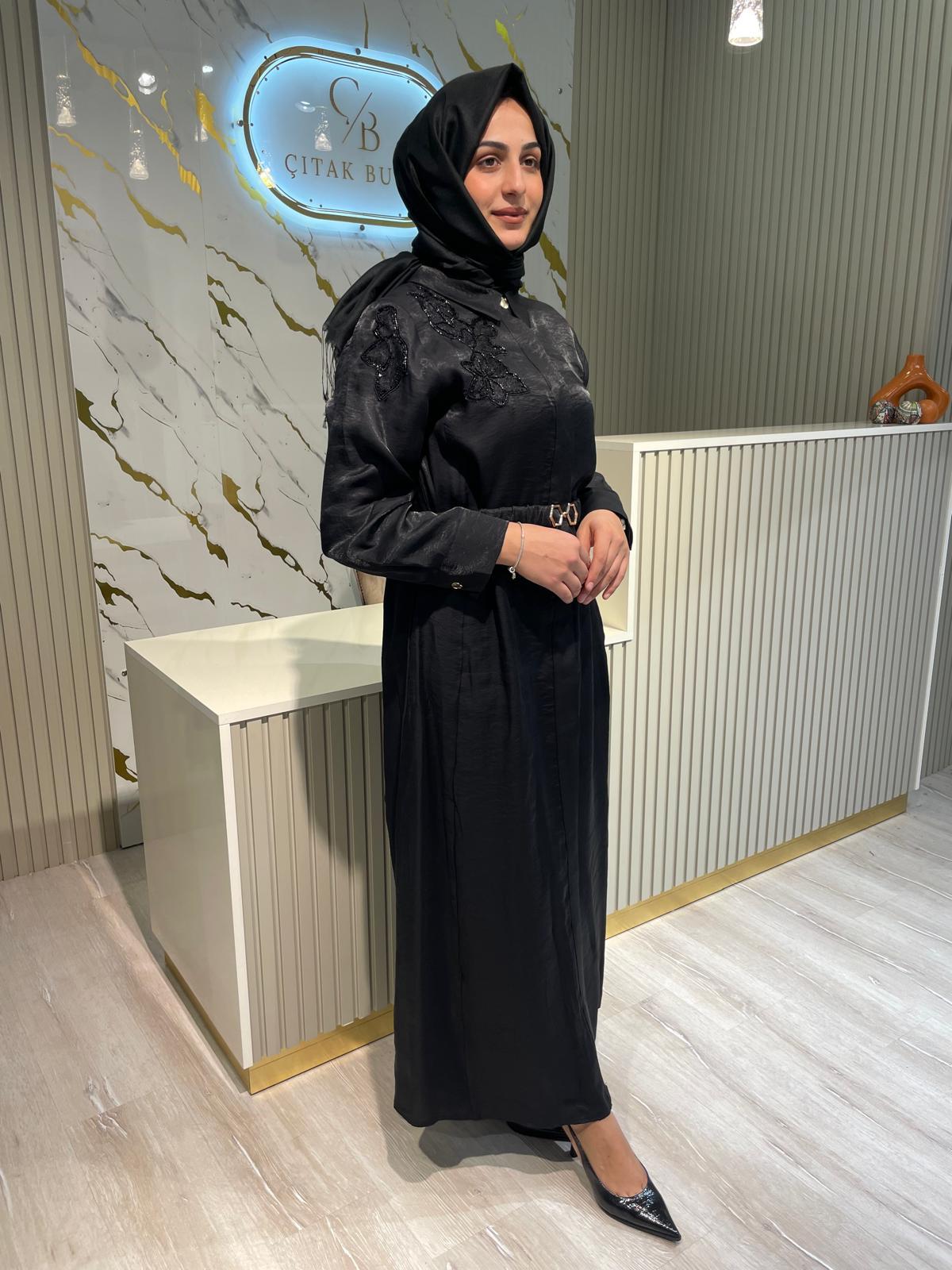 LİSSMORE 5975 DANTEL VE BONCUK DETAY ELBİSE-SİYAH
