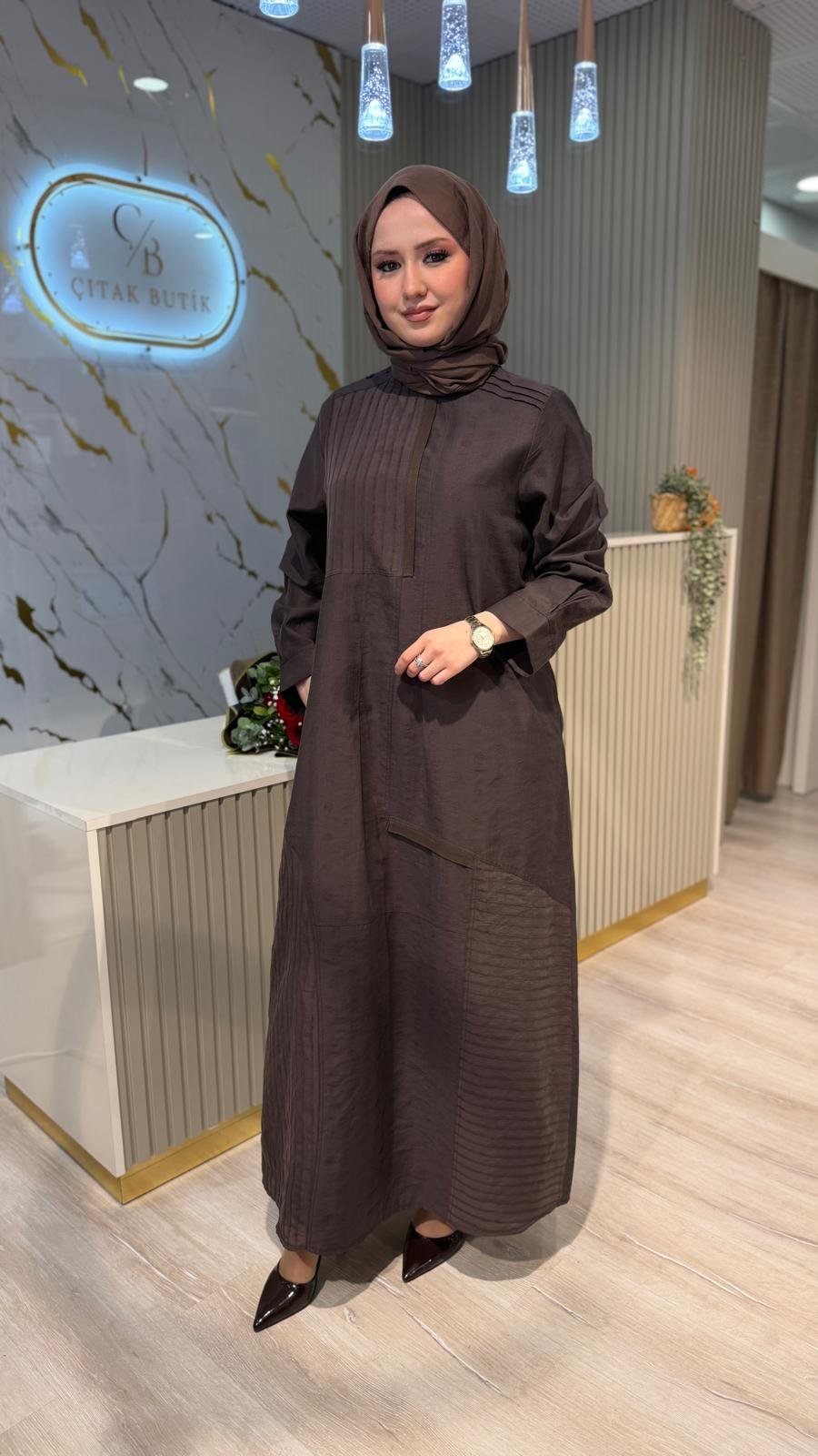 LİSSMORE 6100 ÇİZGİ DESEN ELBİSE-KAHVERENGİ