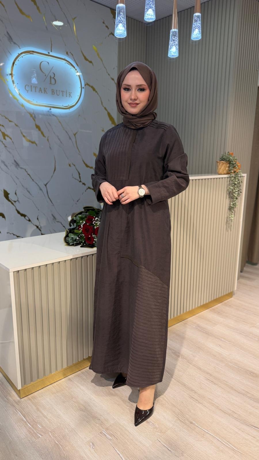 LİSSMORE 6100 ÇİZGİ DESEN ELBİSE-KAHVERENGİ