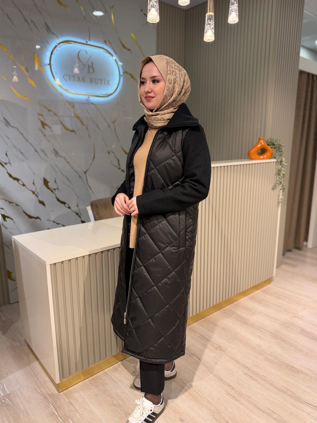 MİCCA 252620 KOL VE YAKA YÜN İÇERİKLİ TRİKO KABAN-SİYAH