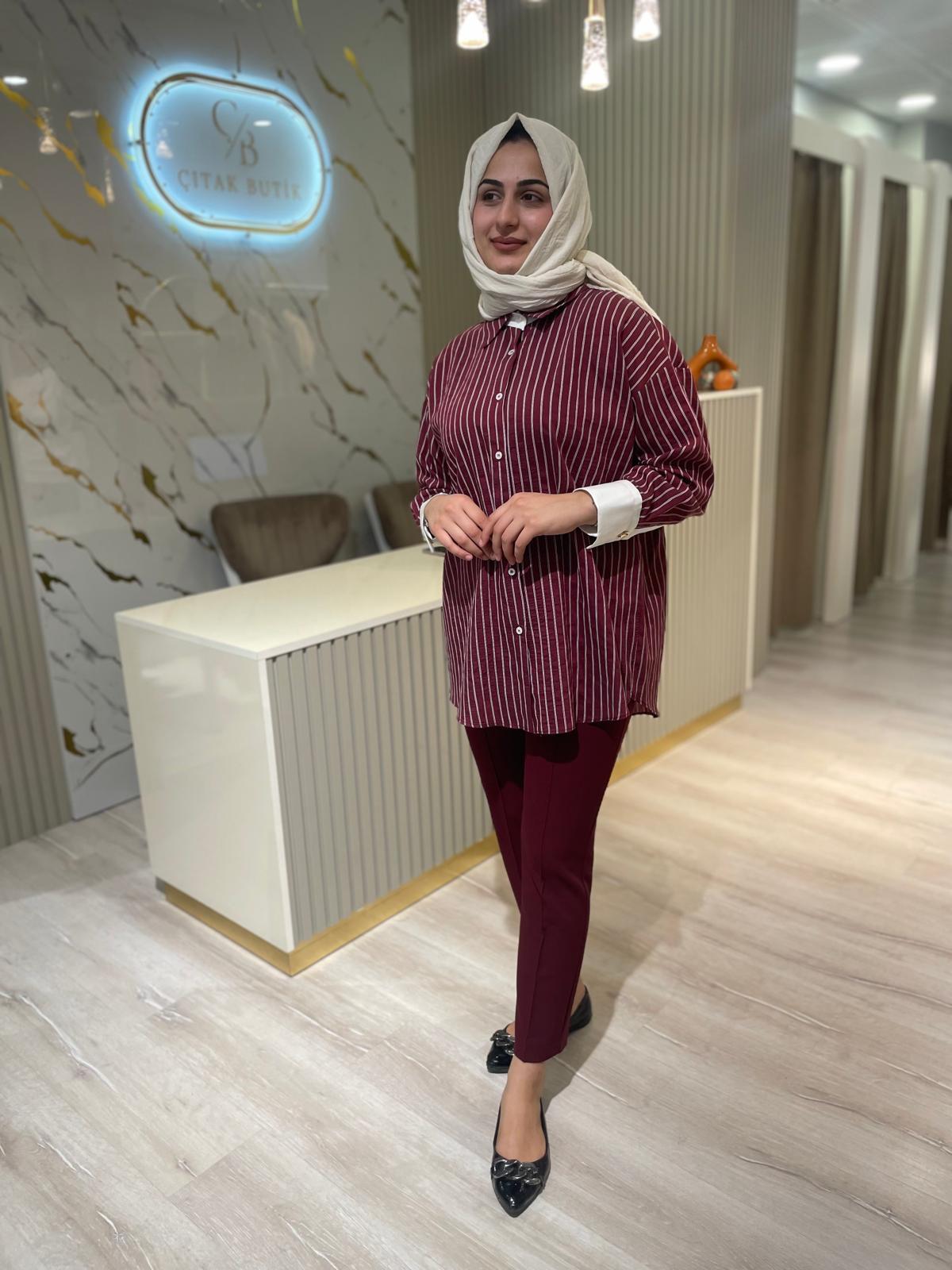 MRW 15322 POP ÇİZGİLİ GÖMLEK-BORDO