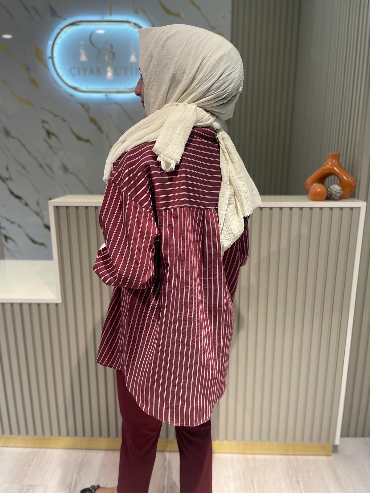 MRW 15322 POP ÇİZGİLİ GÖMLEK-BORDO