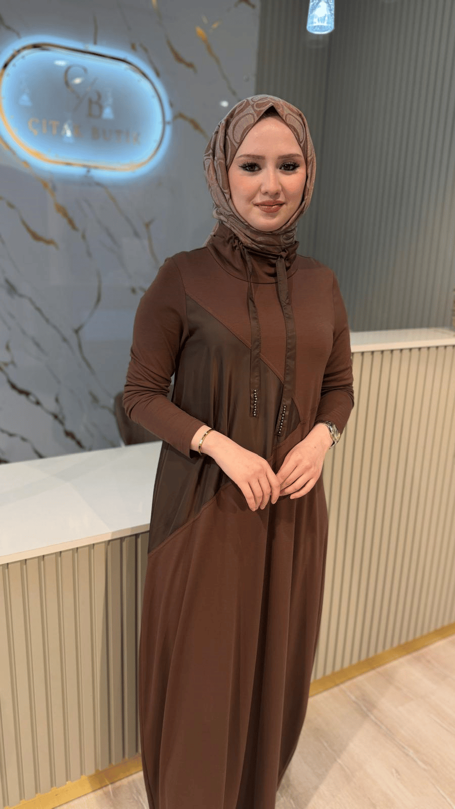 NÇ 26124 BAĞCIKLI BAMBU ELBİSE- KAHVE