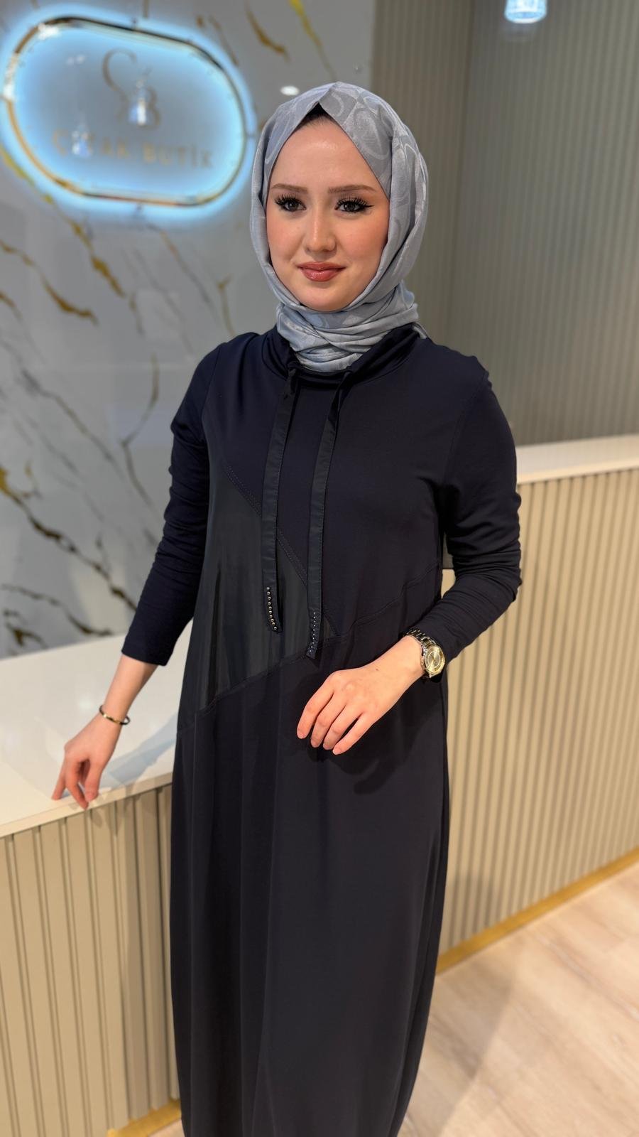 NÇ 26124 BAĞCIKLI BAMBU ELBİSE- LACİVERT