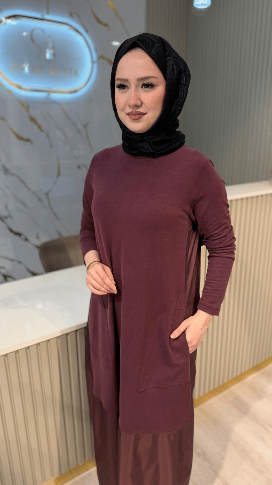 NÇ 26127 PARAŞÜT DETAY ELBİSE- BORDO