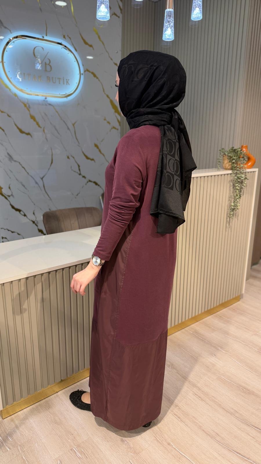 NÇ 26127 PARAŞÜT DETAY ELBİSE- BORDO