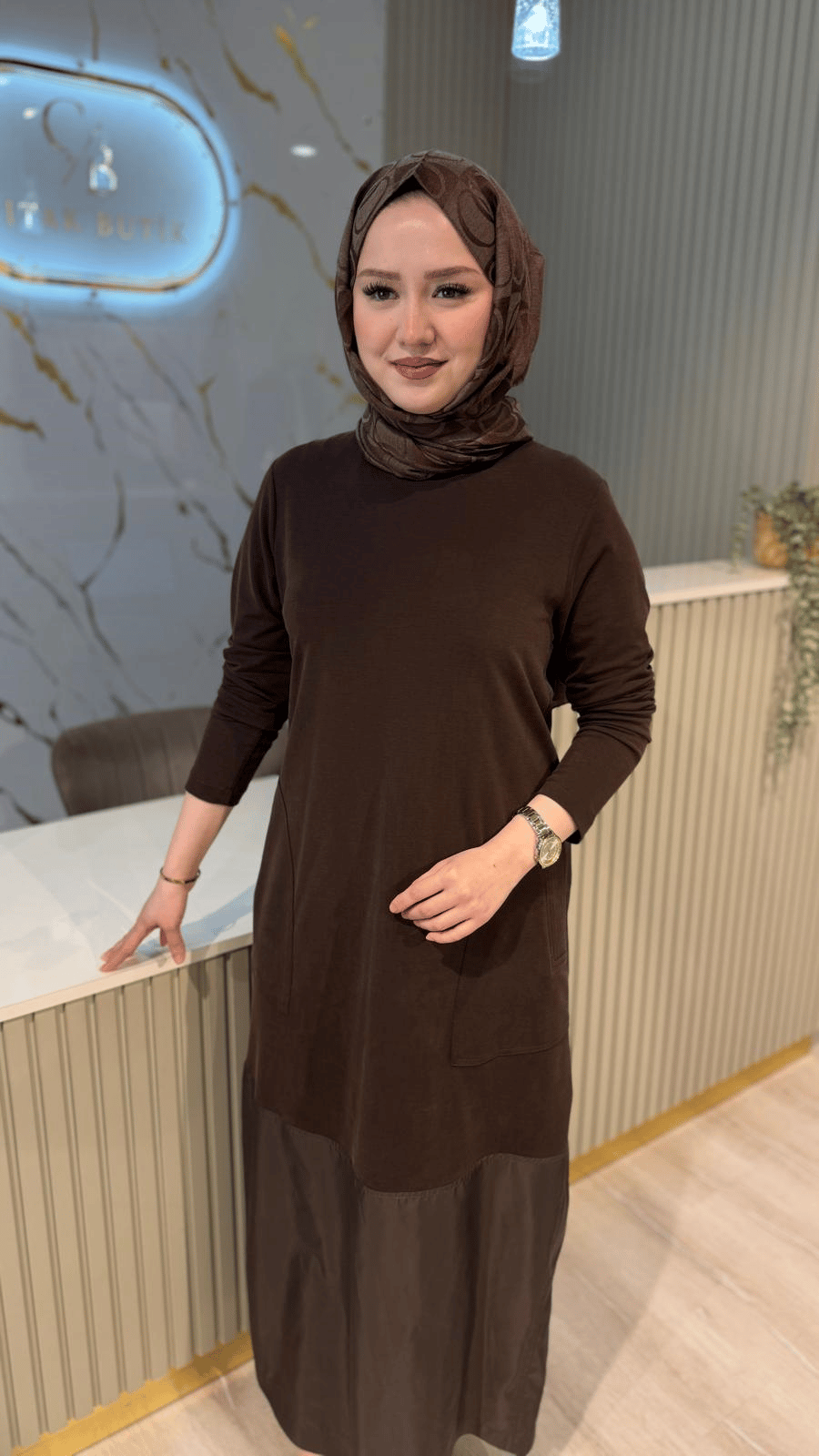 NÇ 26127 PARAŞÜT DETAY ELBİSE- KAHVE