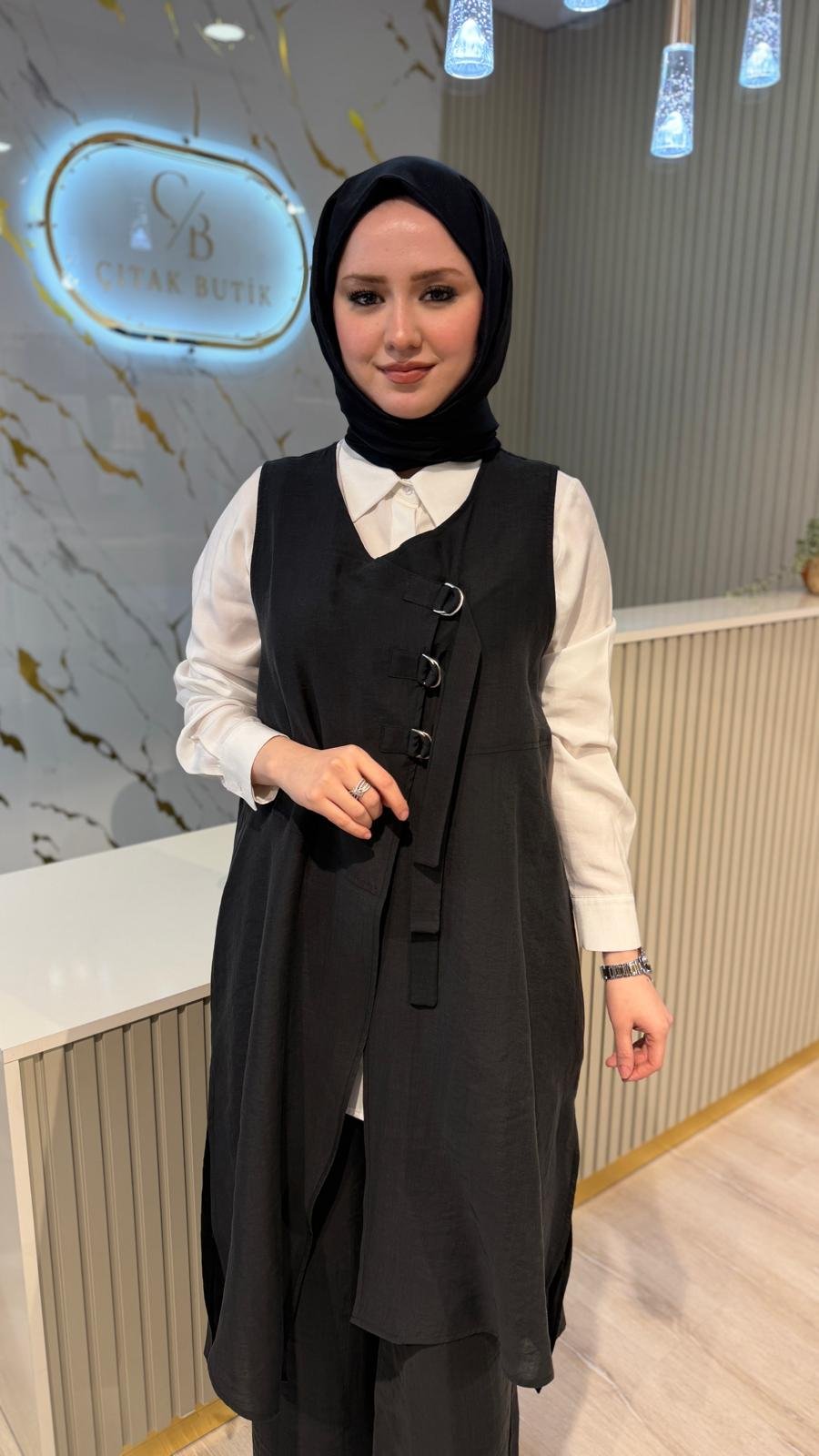 NÇ 26608 YELEKLİ 3'LÜ PANTOLONLU TAKIM-SİYAH