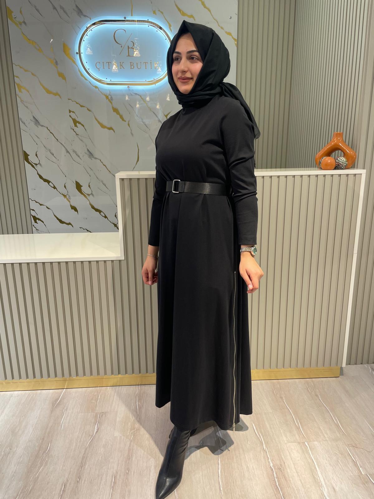 NURCAN ÇETİN 25177 KEMERLİ ELBİSE-SİYAH