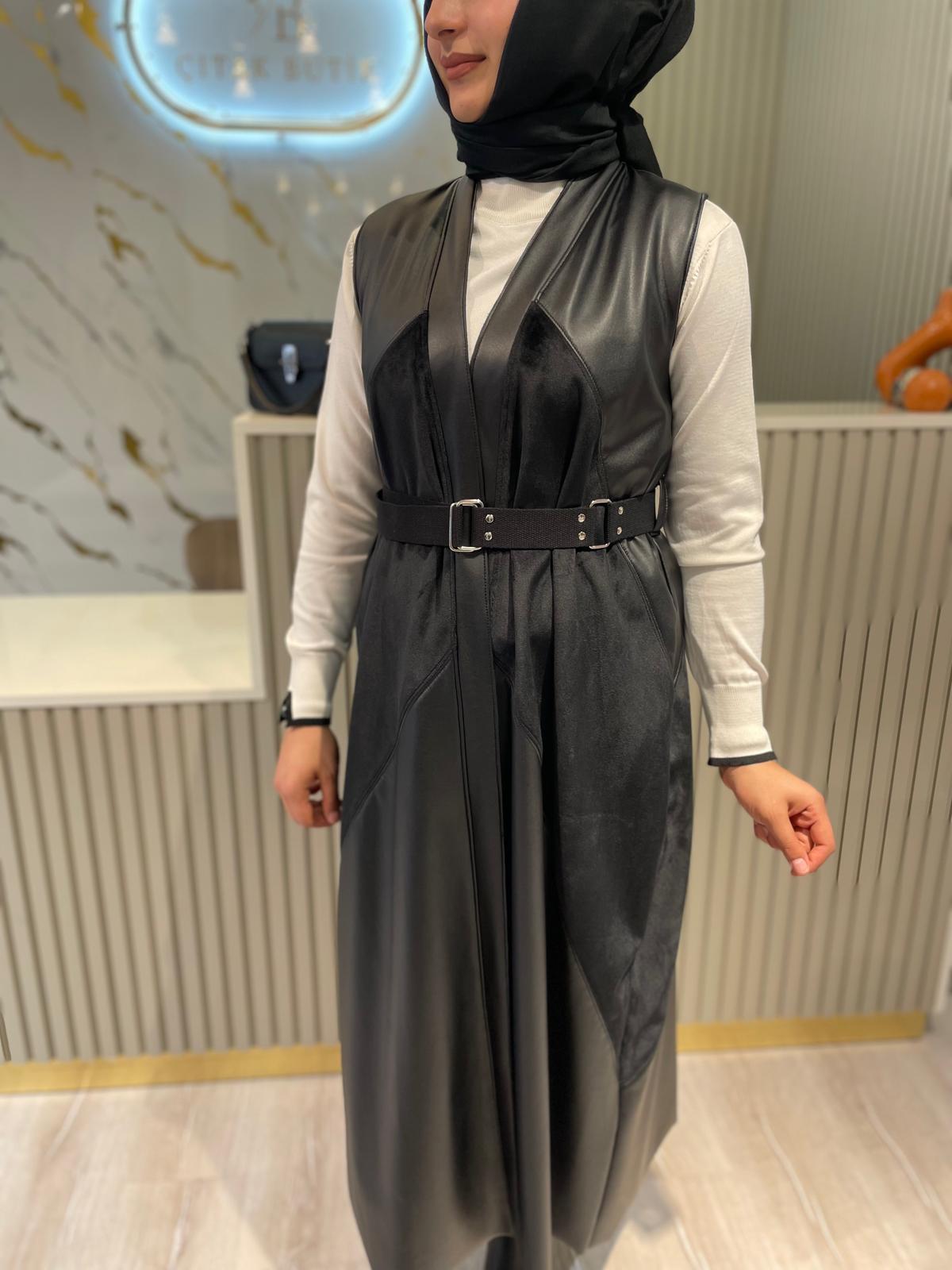 NURCAN ÇETİN 25268 SÜET VE DERİ GARNİ YELEK-SİYAH
