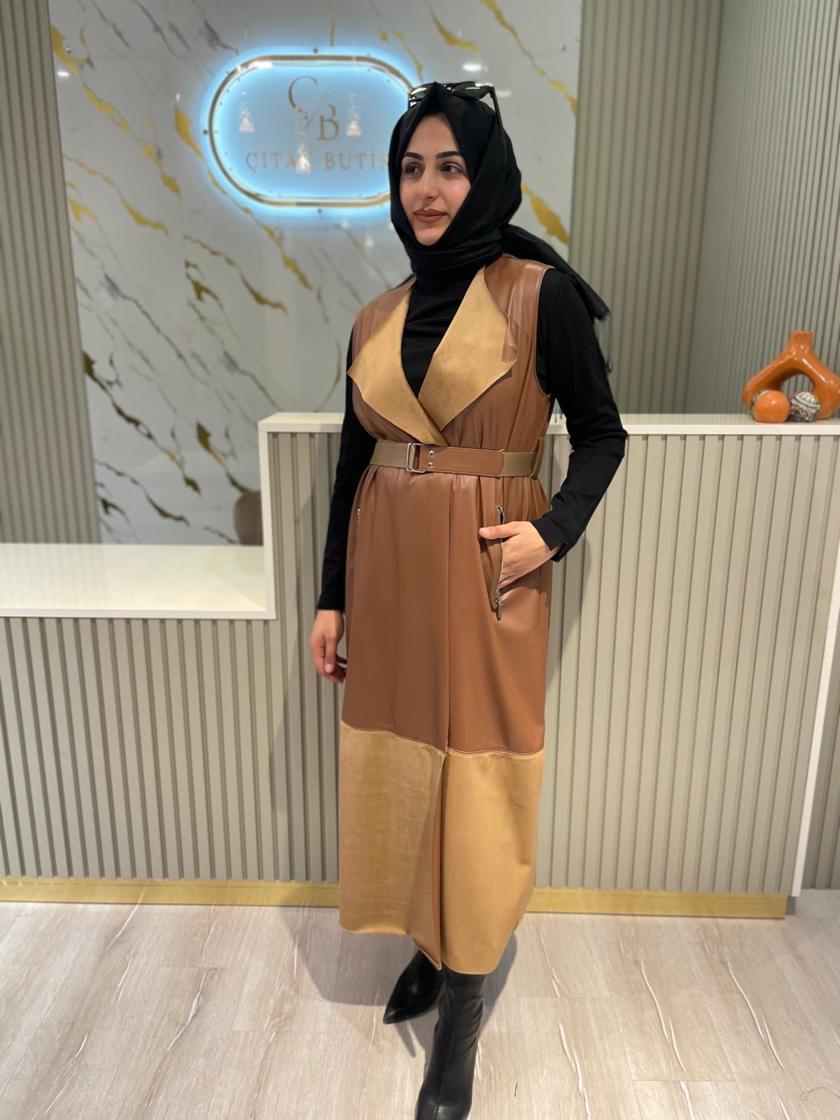 NURCAN ÇETİN 25269 DERİ YELEK-TABA