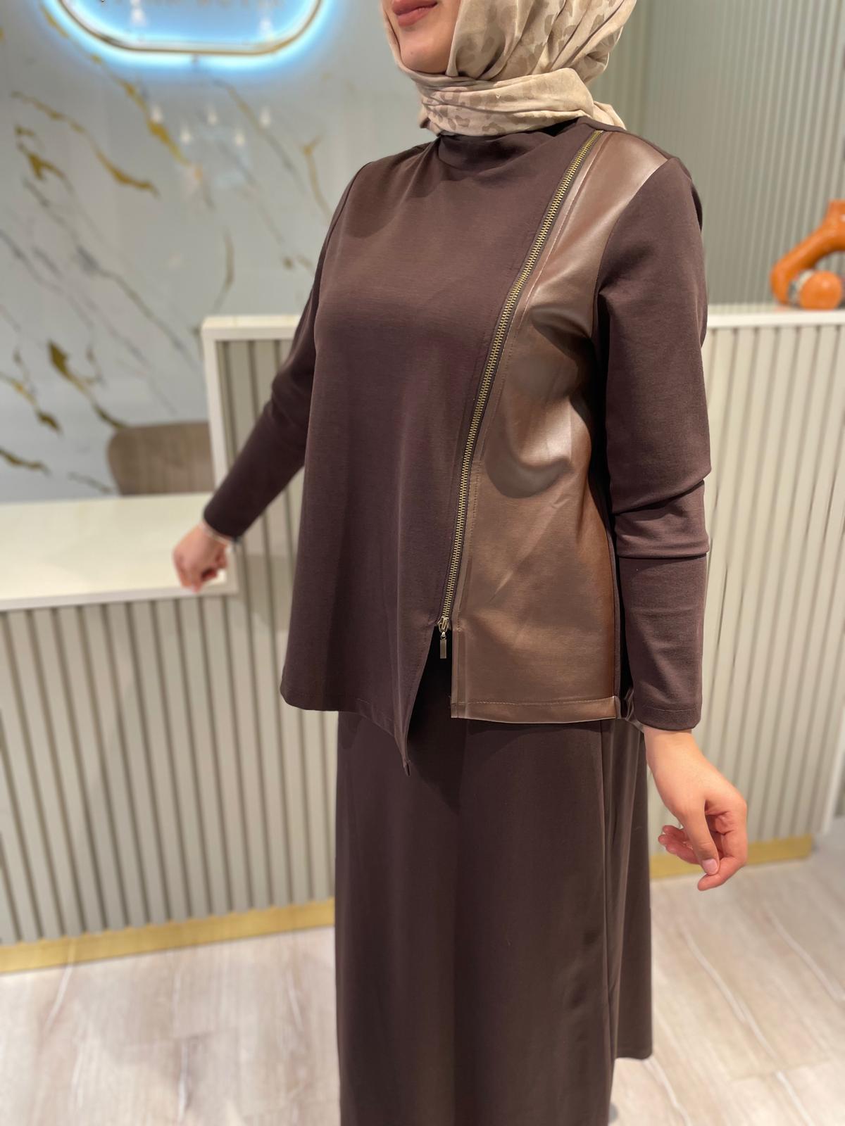 NURCAN ÇETİN 25515 FERMUAR DETAY ETEKLİ TAKIM-KAHVE