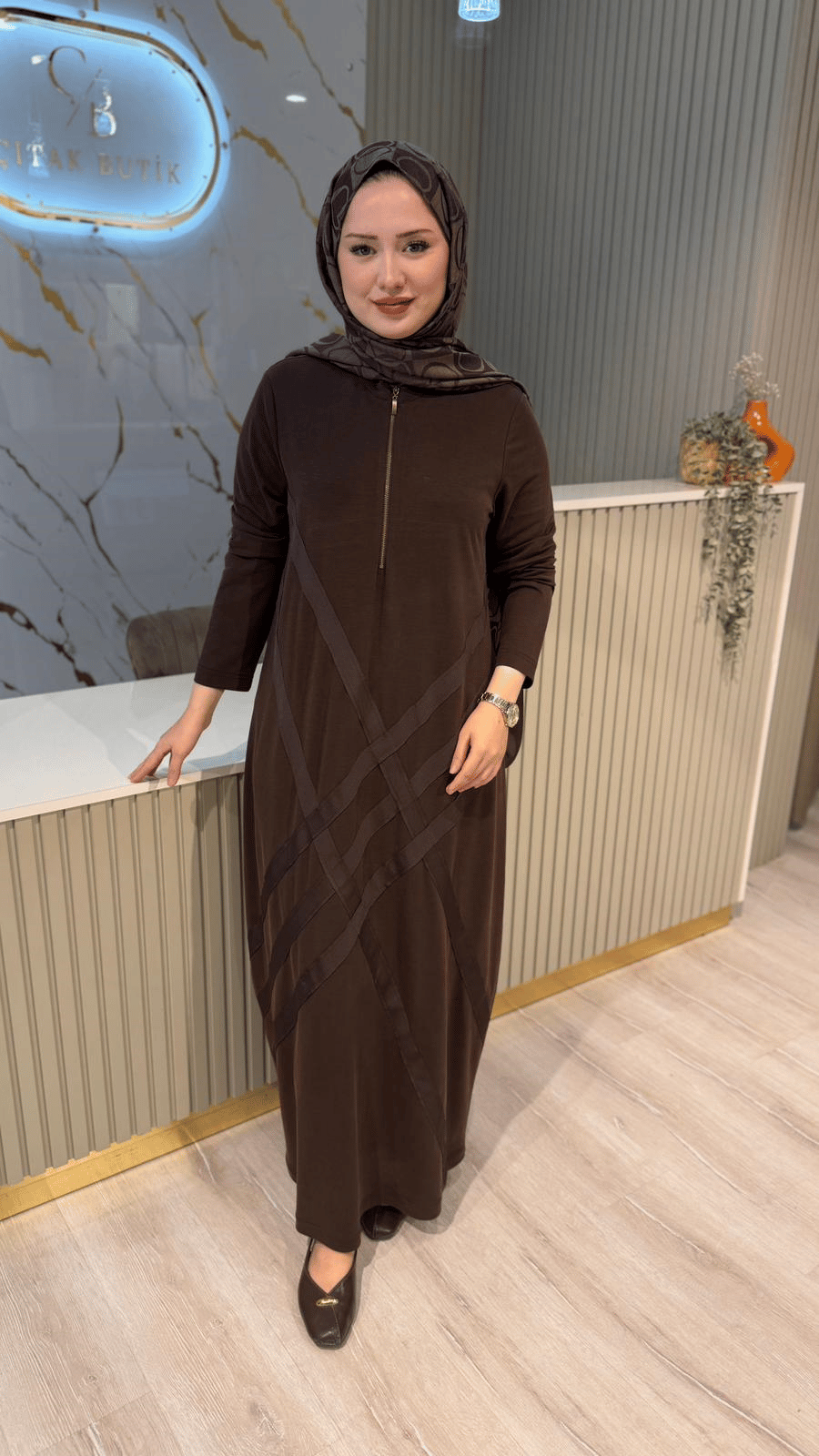 NURCAN ÇETİN 26158 FERMUAR DETAY ELBİSE-KAHVE