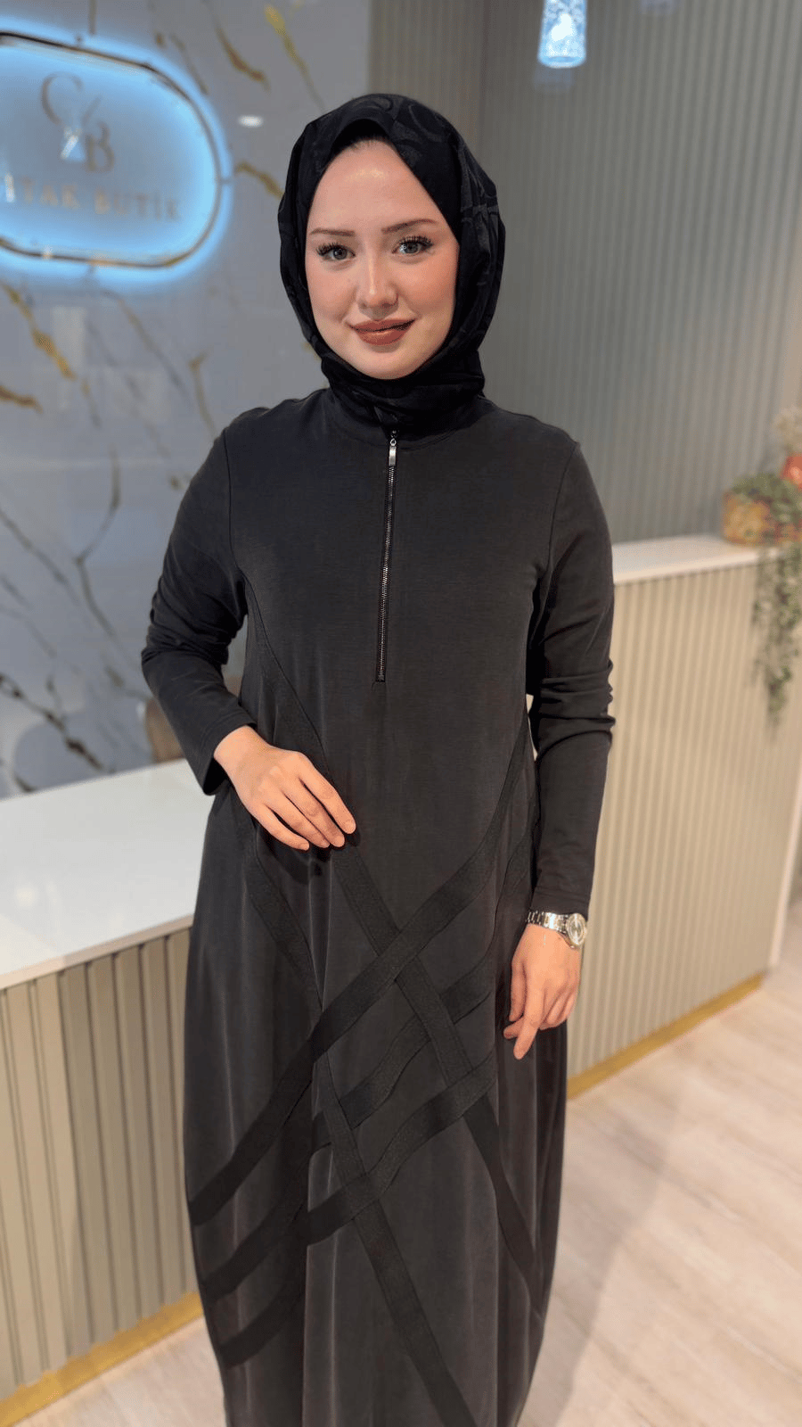 NURCAN ÇETİN 26158 FERMUAR DETAY ELBİSE-SİYAH