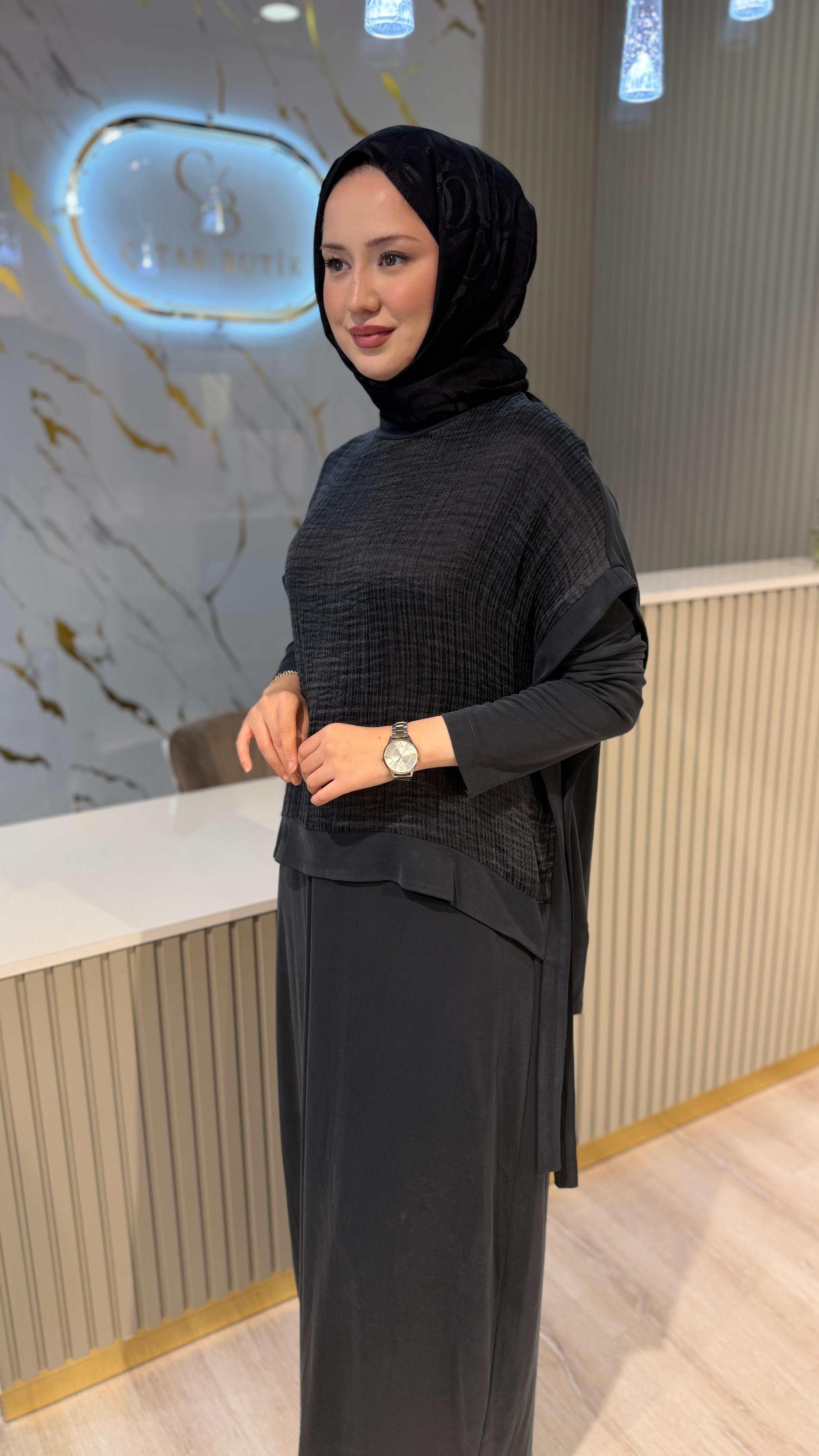 NURCAN ÇETİN 26544 İKİLİ ELBİSE-SİYAH