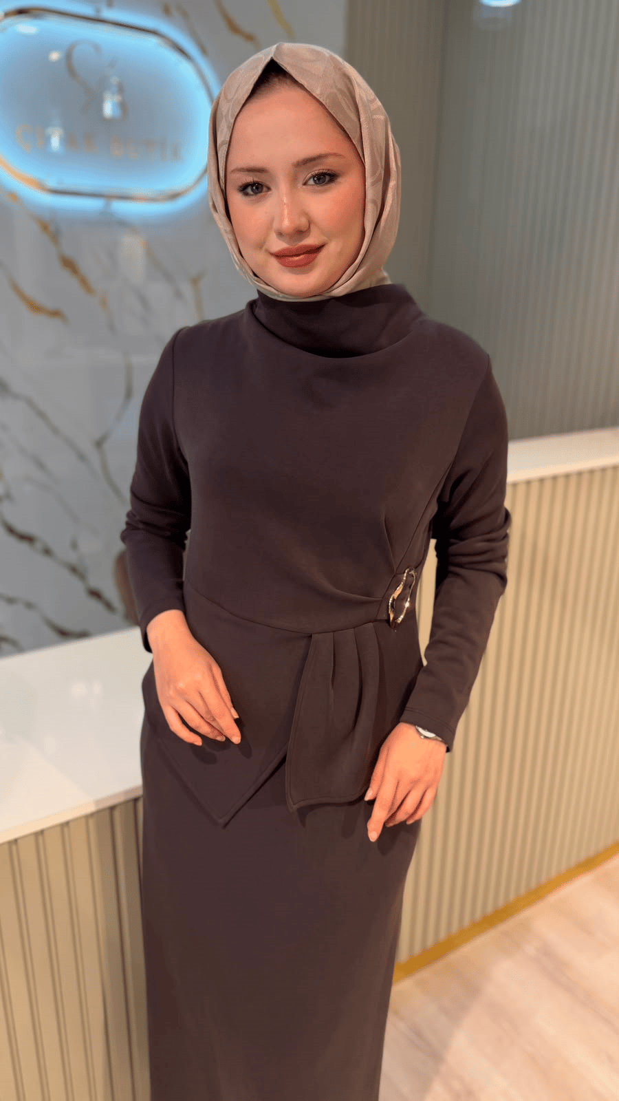 NUSS 02051 TOKALI ELBİSE - KAHVE