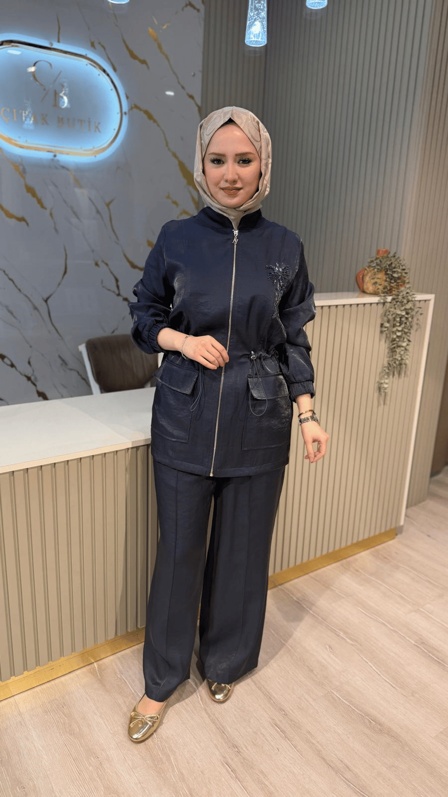 NUSS 1032 PALMİYE DESEN İŞLEME TAKIM- LACİVERT