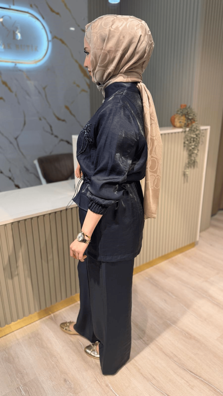 NUSS 1032 PALMİYE DESEN İŞLEME TAKIM- LACİVERT