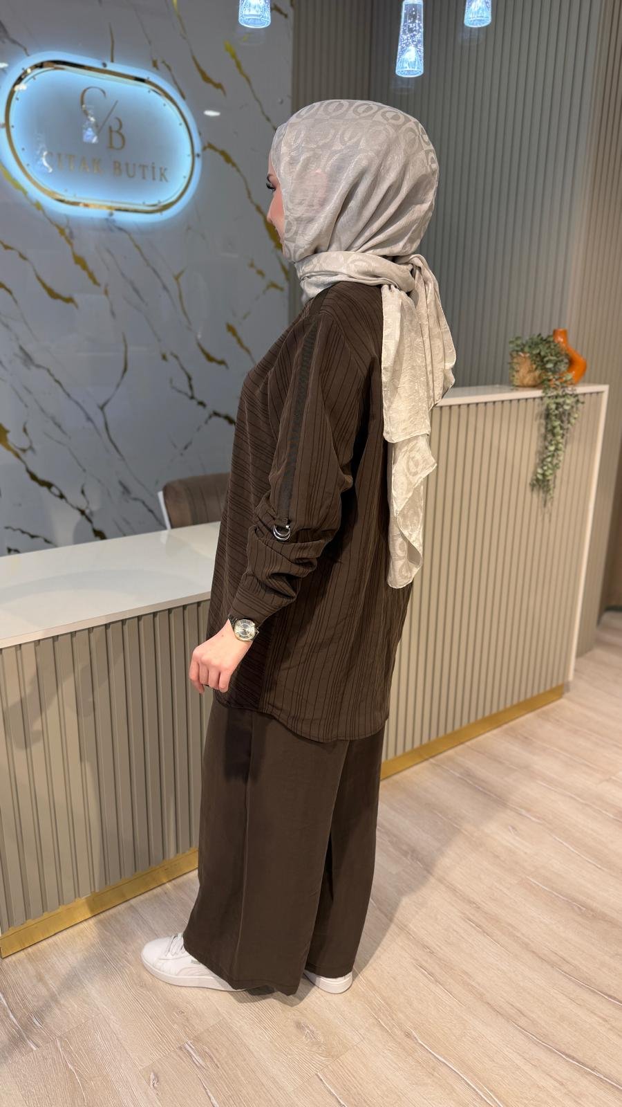 NUSS 1055 ÇİZGİ DESEN TAKIM - KAHVE