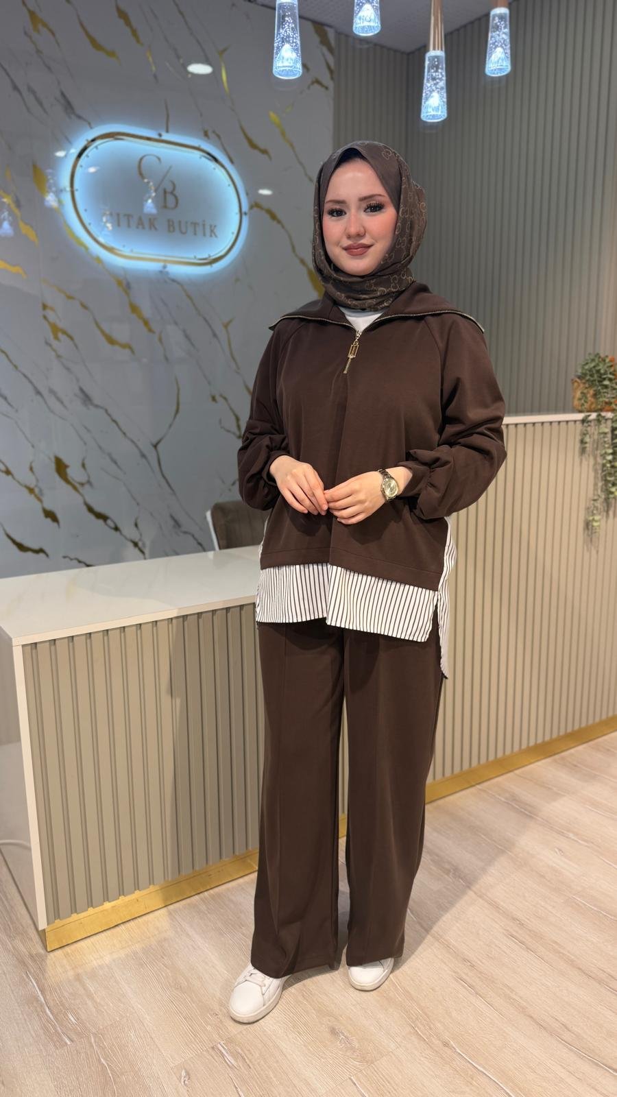 NUSS 1075 GÖMLEK DETAY EŞOFMAN TAKIM-KAHVE