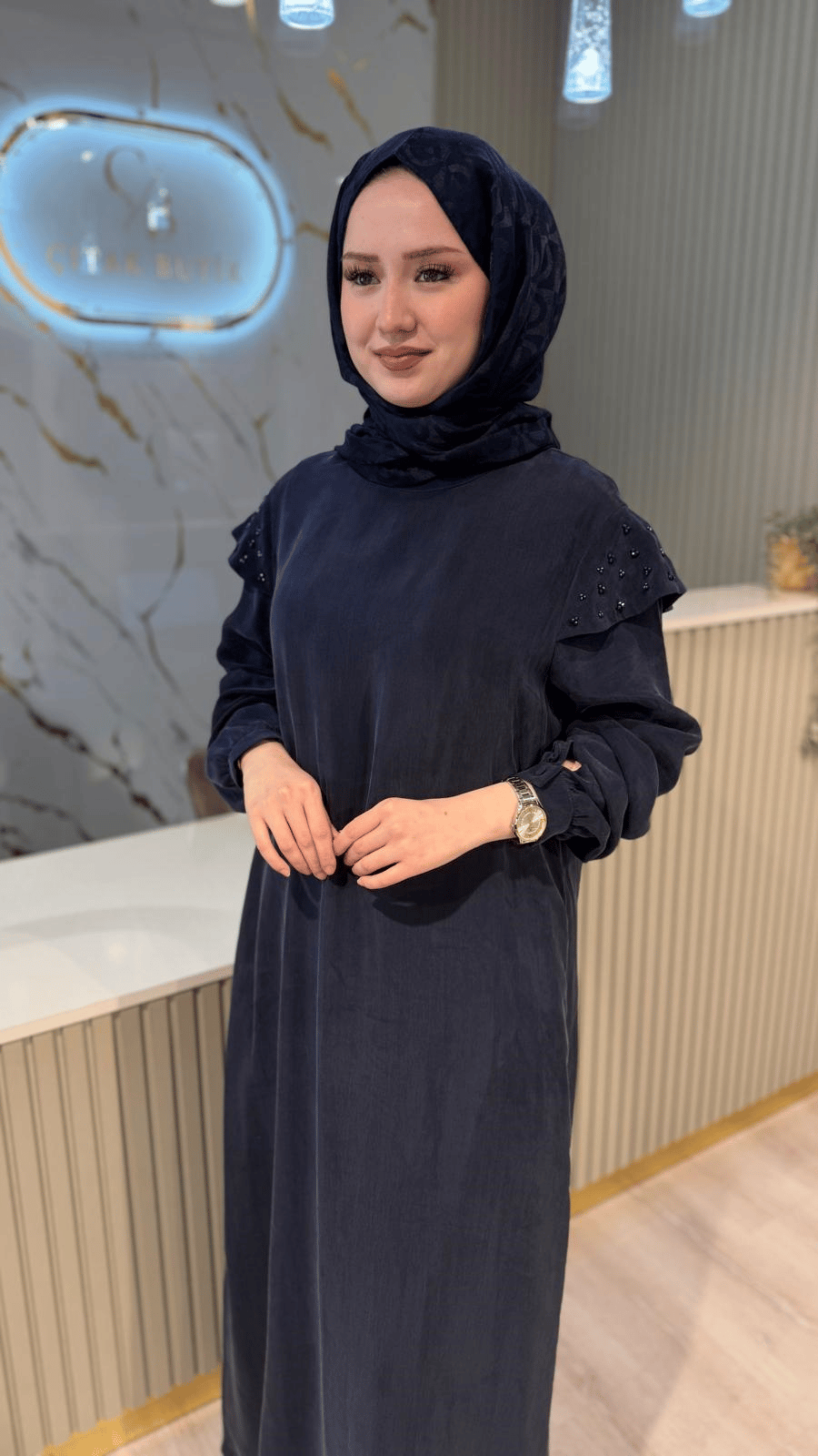 NUSS 2043 OMUZU BONCUK DETAY ELBİSE- LACİVERT