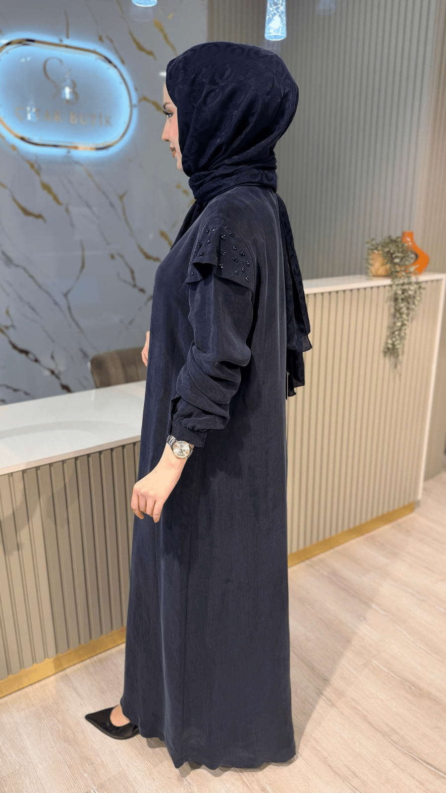 NUSS 2043 OMUZU BONCUK DETAY ELBİSE- LACİVERT