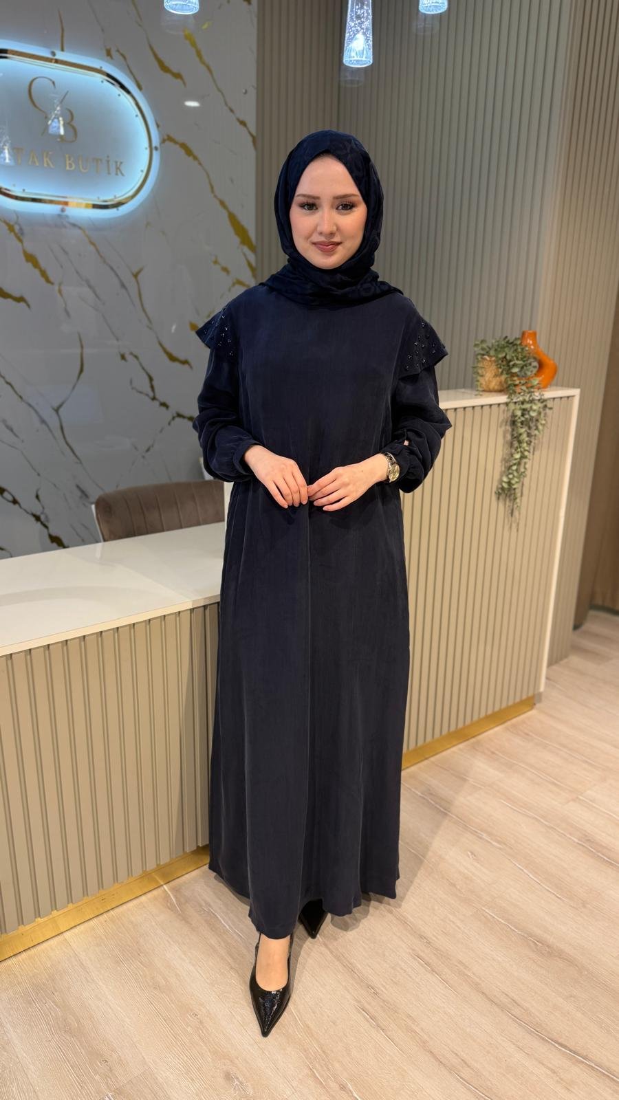 NUSS 2043 OMUZU BONCUK DETAY ELBİSE- LACİVERT
