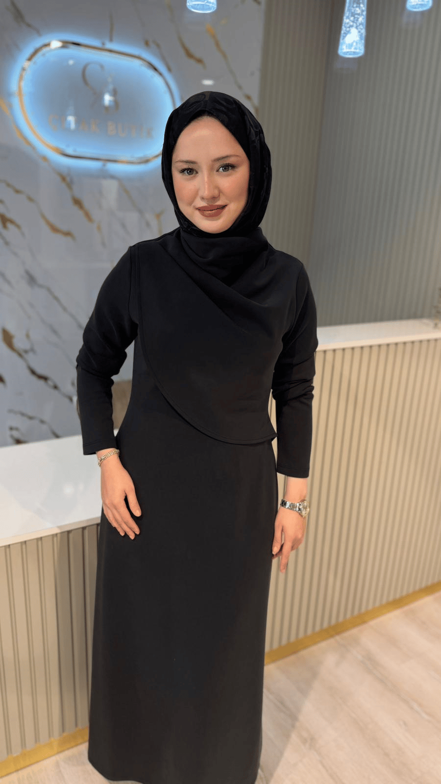 NUSS 2044 DEGAJE YAKA ELBİSE - SİYAH
