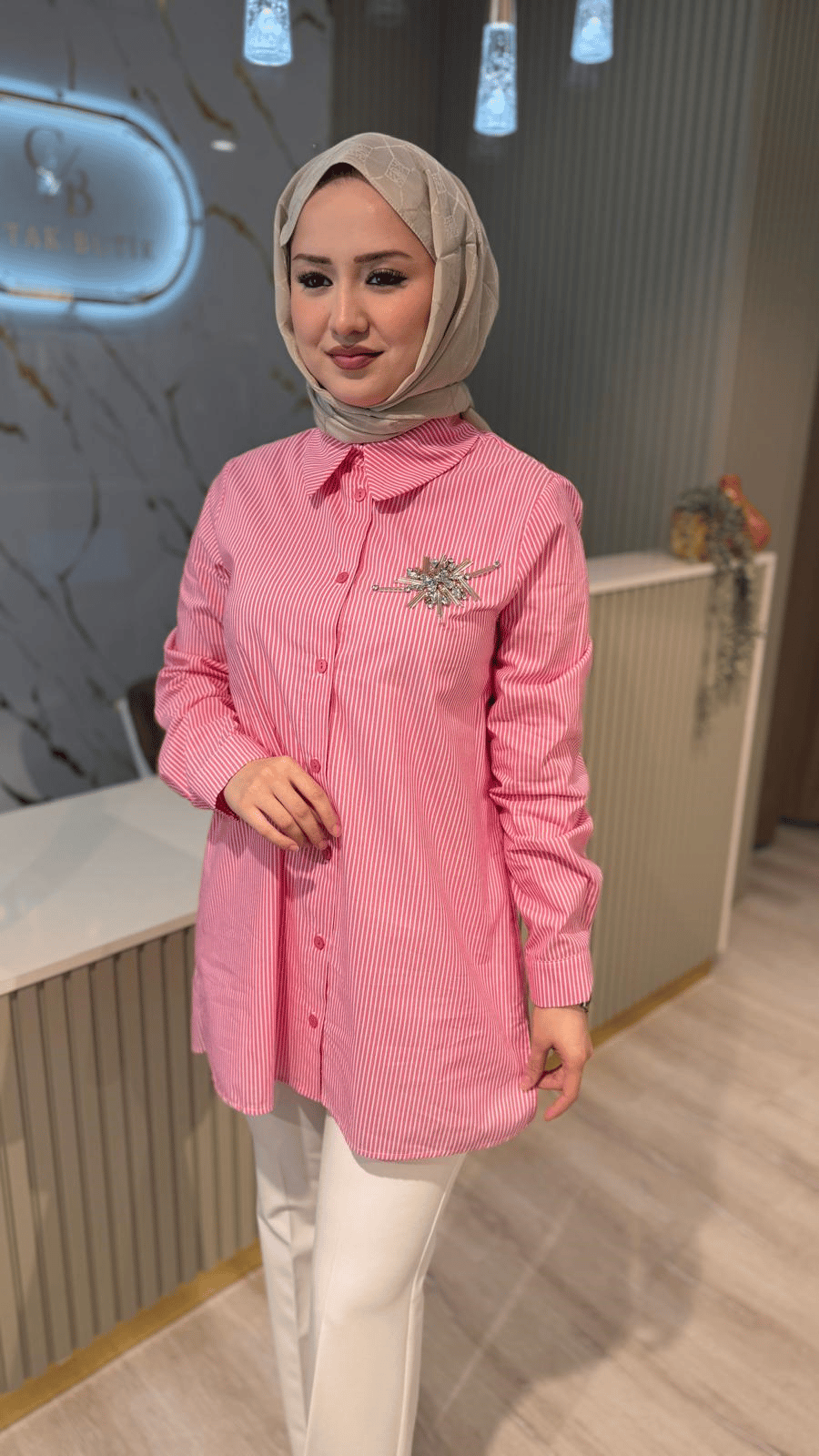 NUSS 3008 TAŞ DETAY ÇİZGİLİ GÖMLEK-PEMBE