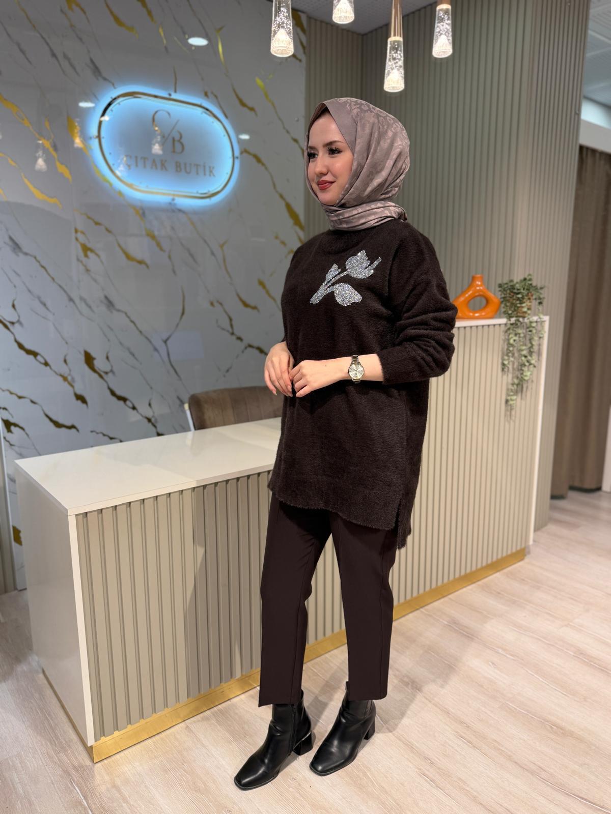 NUSS 7001 ANGORA TAŞ DETAYLI TUNİK-KAHVE