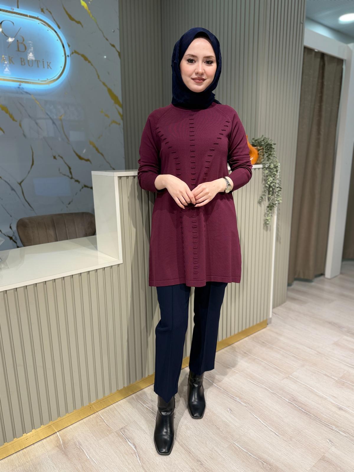 NUSS 907 KABARTMA DETAY MERSERİZE TUNİK-BORDO