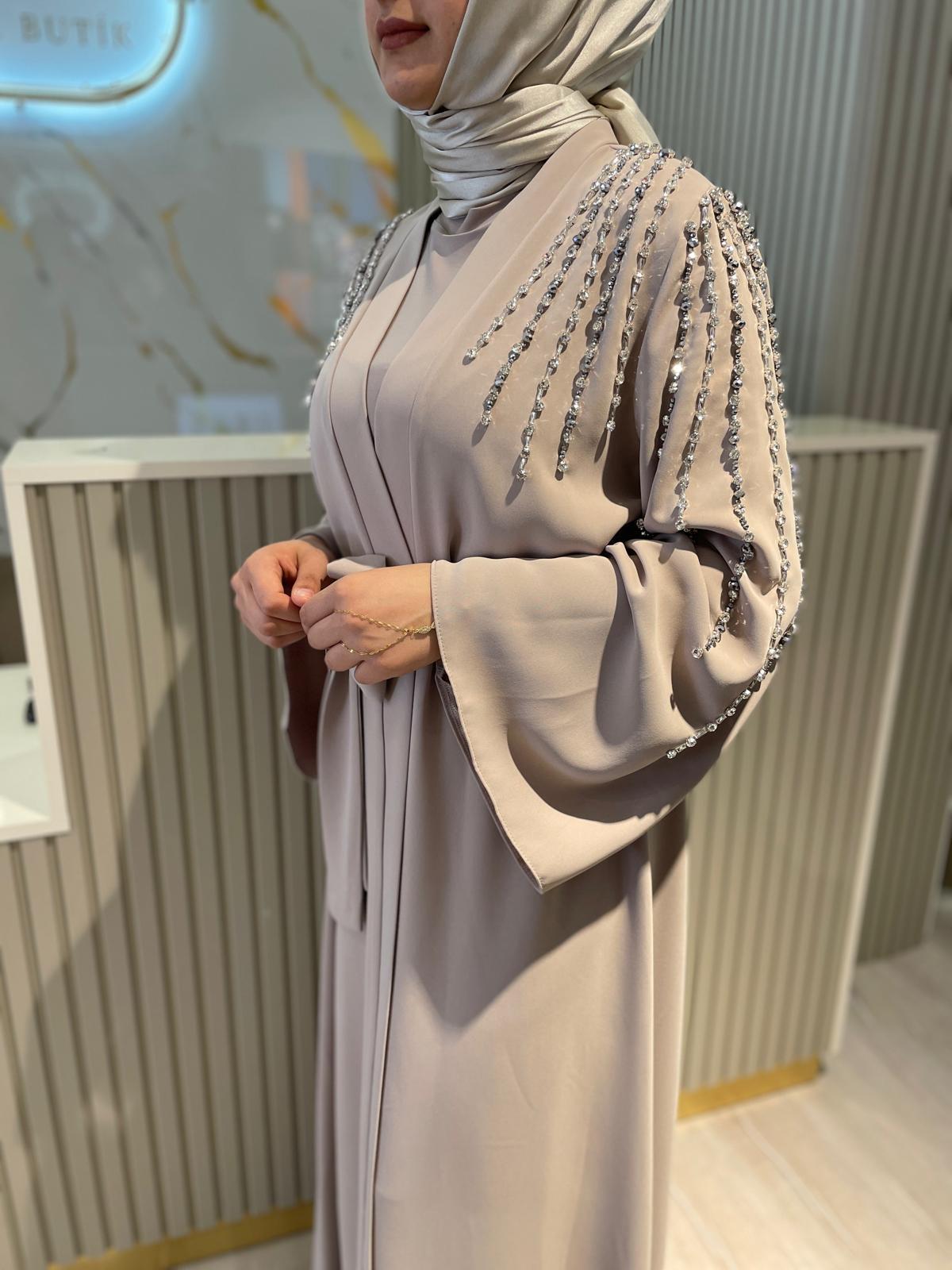 OMUZ VE KOL ELİŞİ TAŞ DETAY ABAYA-BEJ