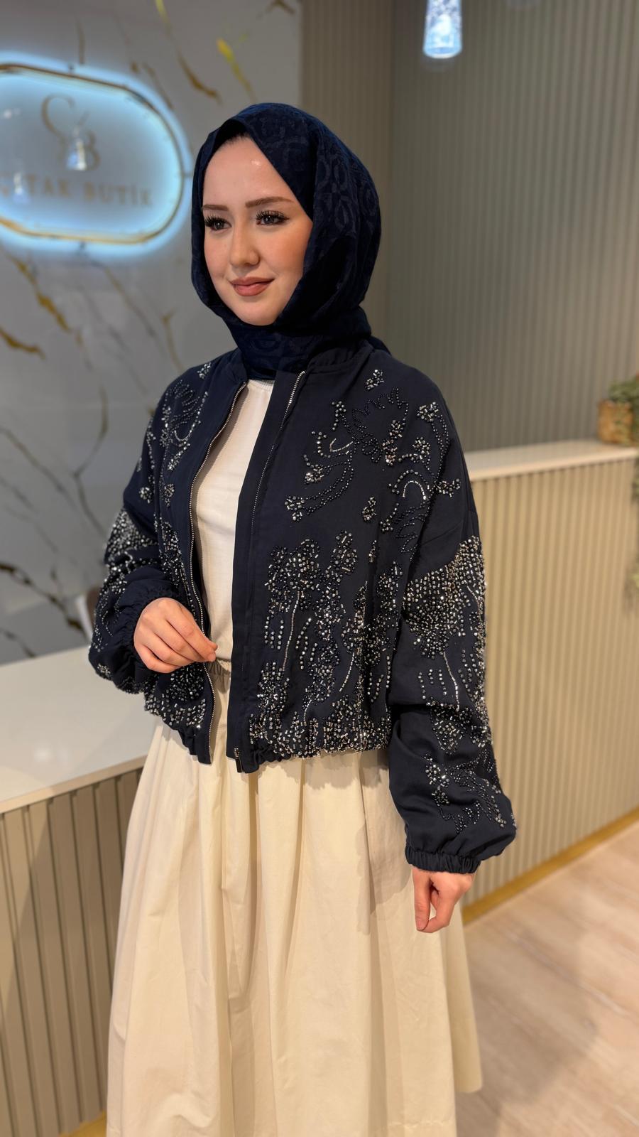 ORFEONEGRO 38191 TAŞ İŞLEMELİ BOMBER CEKET- LACİVERT