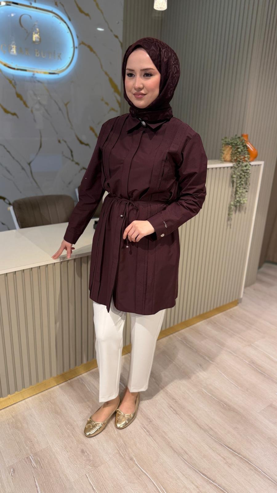 OTTO 3421 TAŞ DETAY BELDEN BAĞLAMALI GÖMLEK - BORDO