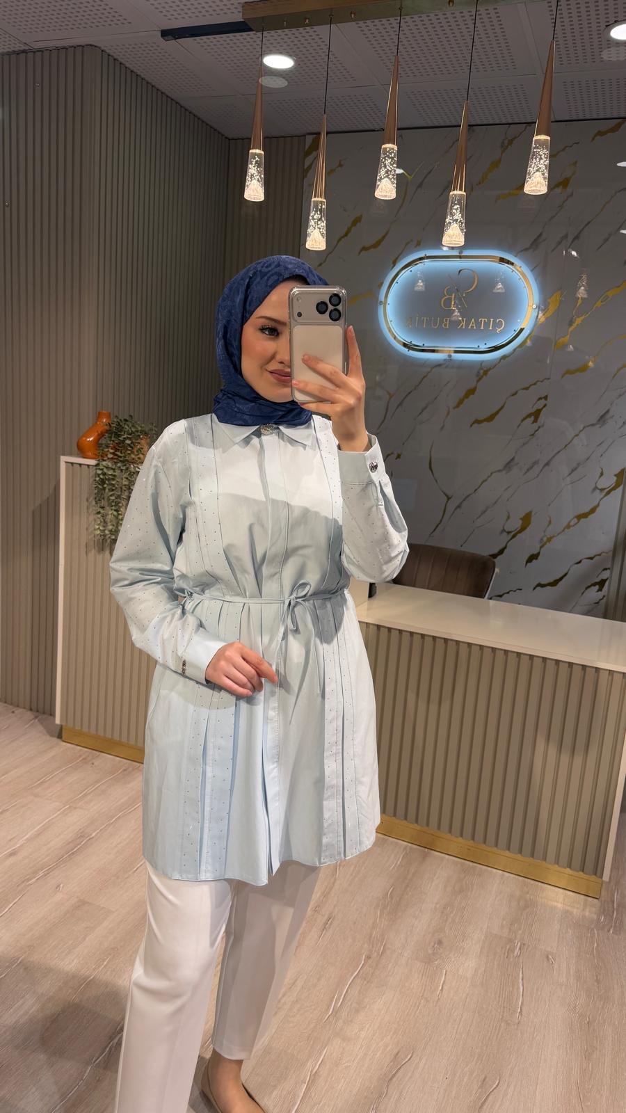 OTTO 3421 TAŞ DETAY BELDEN BAĞLAMALI GÖMLEK - MAVİ