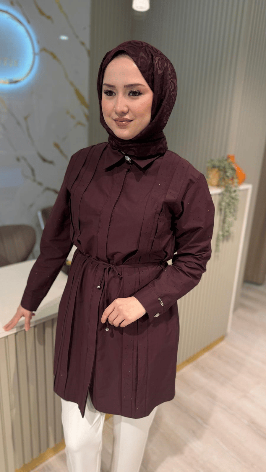 OTTO 3421 TAŞ DETAY BELDEN BAĞLAMALI GÖMLEK - BORDO
