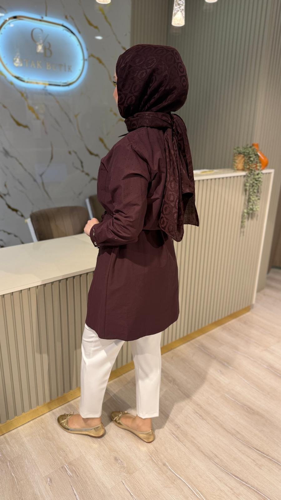 OTTO 3421 TAŞ DETAY BELDEN BAĞLAMALI GÖMLEK - BORDO