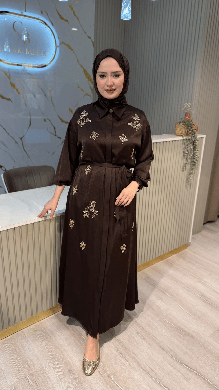 OTTO 544  NAKIŞ İŞLEMELİ  ELBİSE - KAHVE
