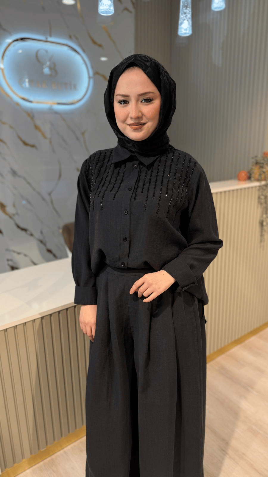 PUANE 10794 BONCUK DETAY GÖMLEK - SİYAH