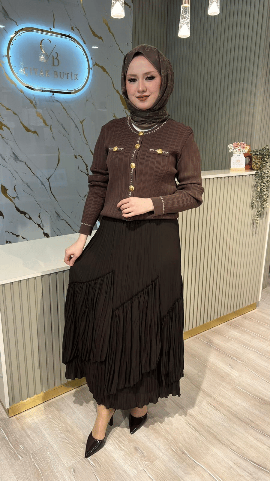 SENTEZ 5475 VİOLA PARÇALI KIRIŞTIRMA ETEK-KAHVERENGİ