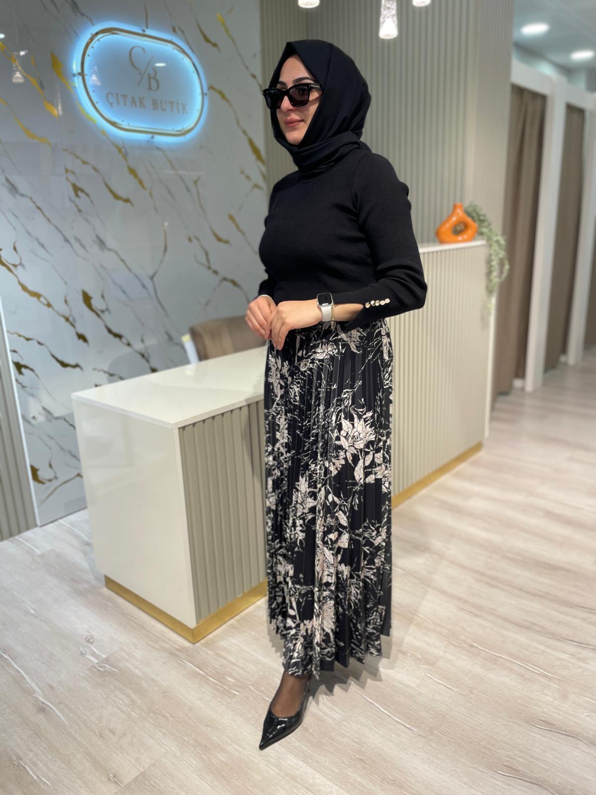 SENTEZ 5478  DESENLİ PİLİSE ETEK-SİYAH