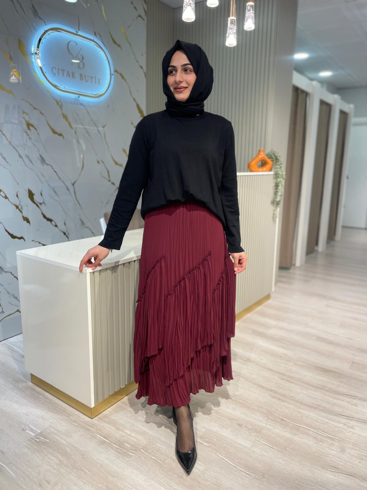 SENTEZ VİOLA PARÇALI KIRIŞTIRMA ETEK-BORDO