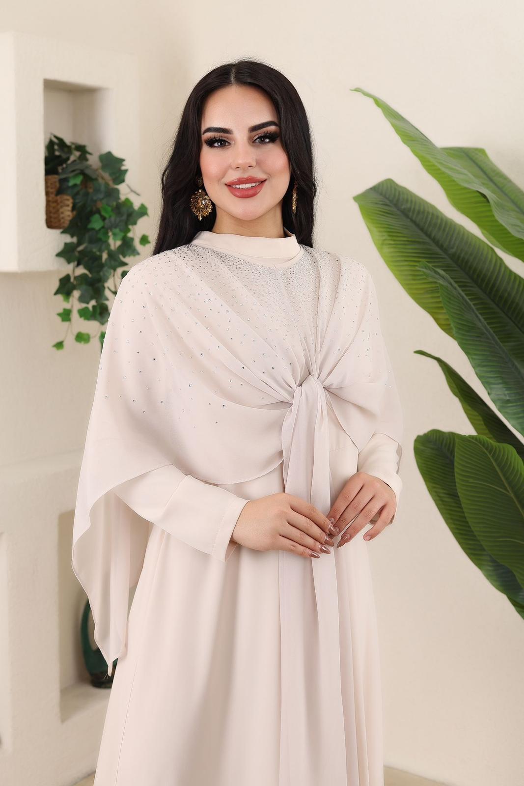 Taş İşlemeli 2 Parça  Elbise-Bej