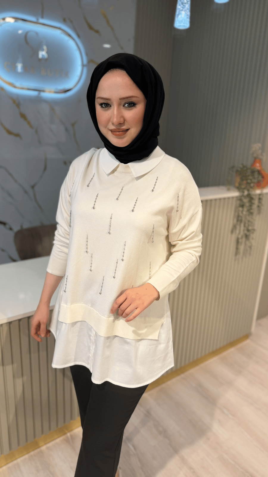 TIĞ TRİKO 21404 BONCUK İŞLEMELİ GÖMLEK DETAYLI TUNIK-EKRU